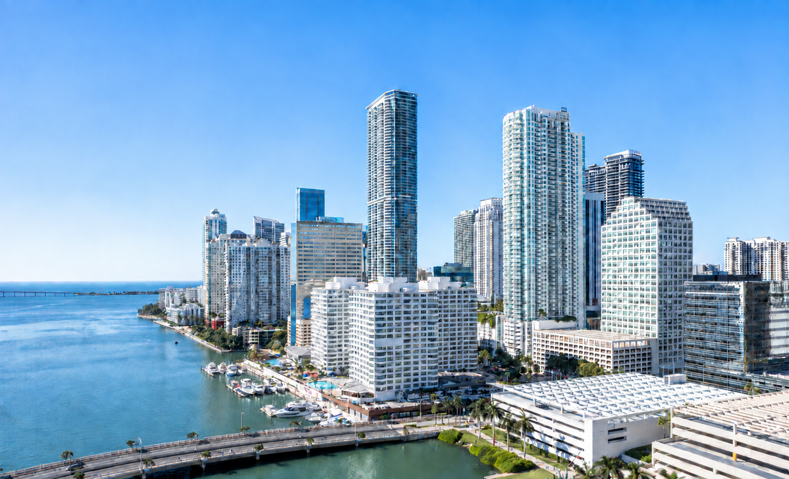Brickell waterfront and our building beside the bridge